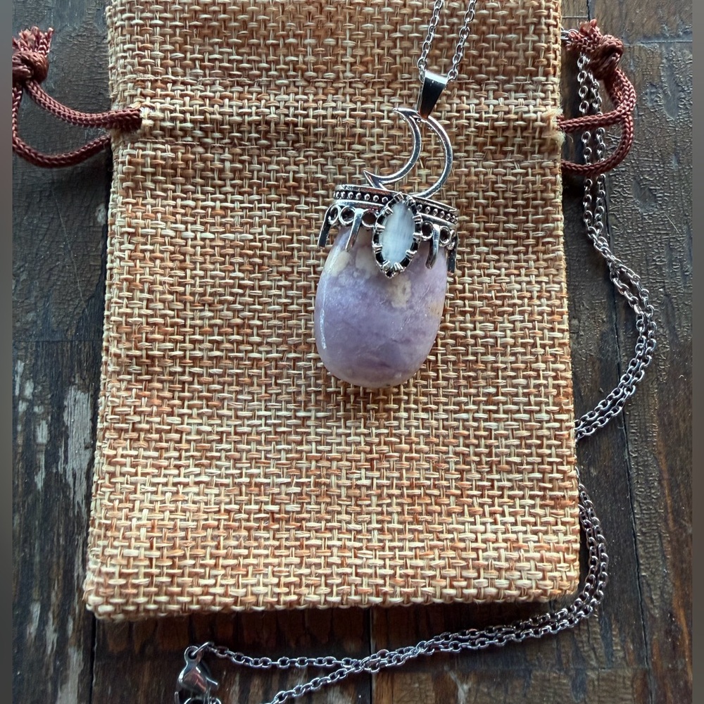 Lepidolite Necklace Lepidolite Moon Necklace with Stainless Steel Chain
